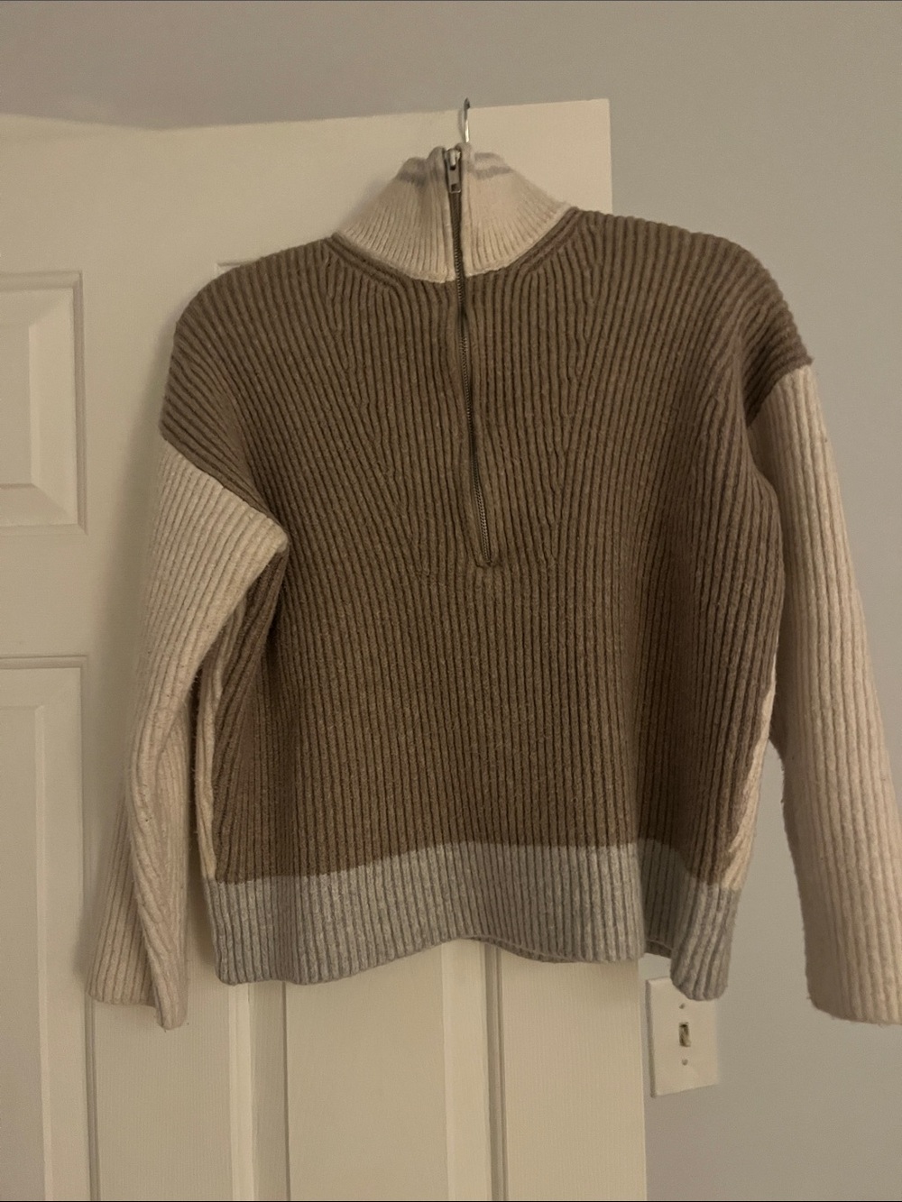 Layered Neutral Half-Zip Ribbed Turtleneck Sweater